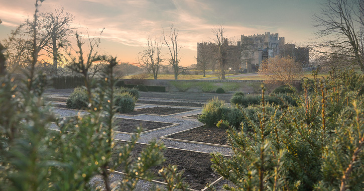 View of remodelled walled garden with Raby Castle in background